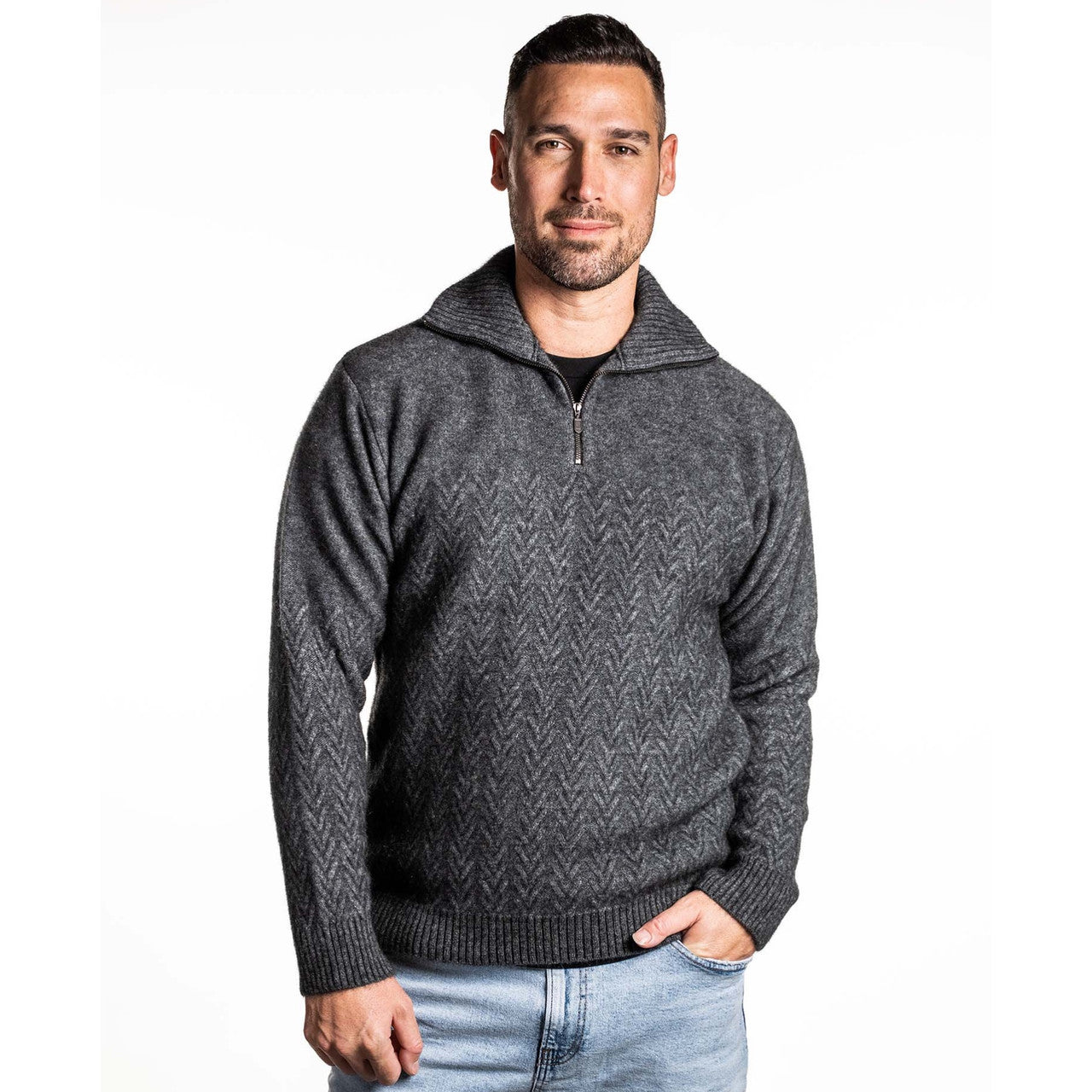 Koru - Merino - Possum Chevron Zip Jumper (Grey)