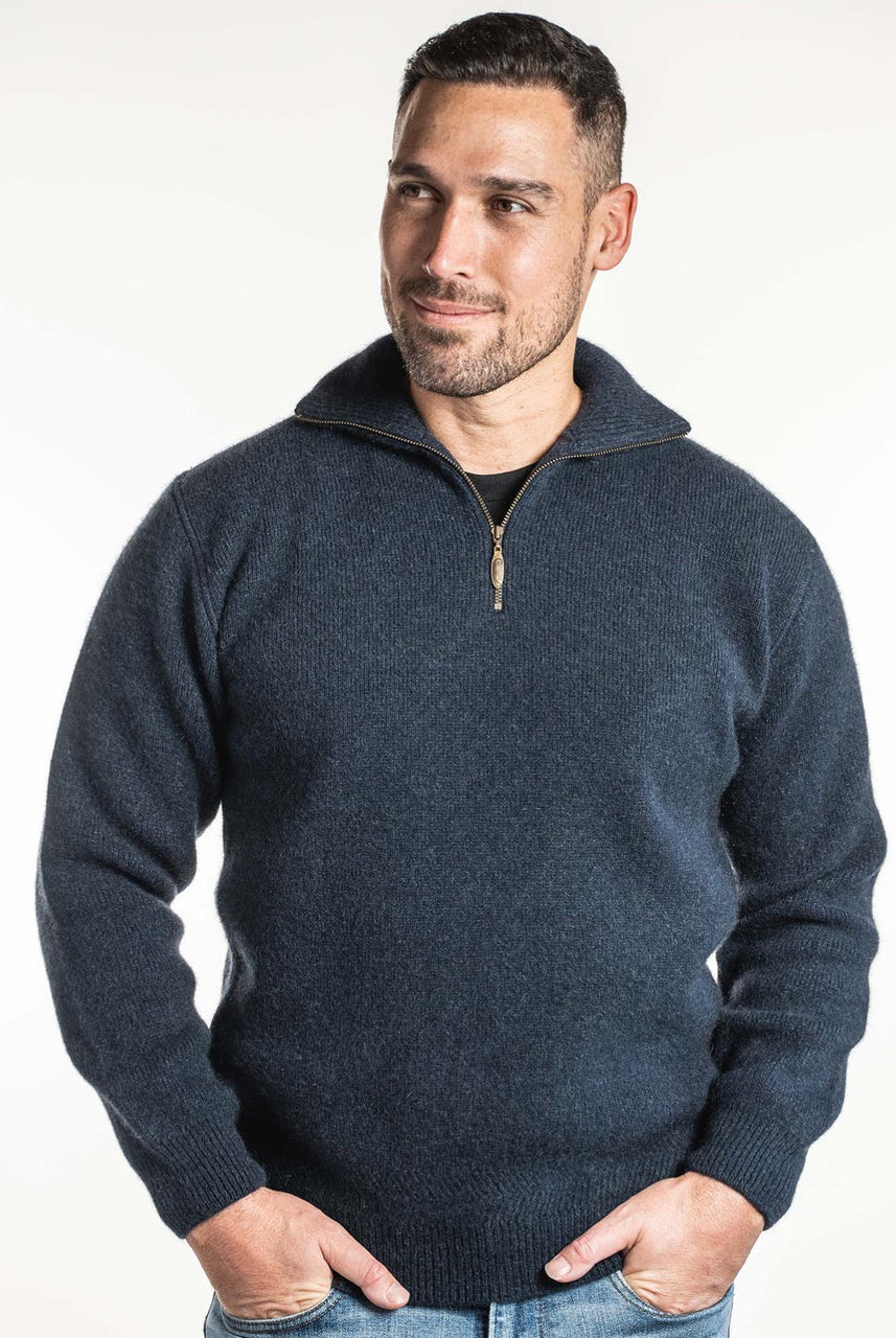 Men’s indigo zip collar jumper in blended Merino and Possum Fur