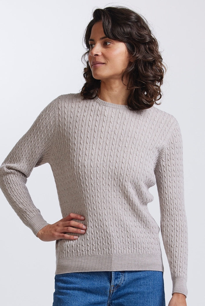 Royal Merino - 100% Merino Rib and Cable Crew (RM2057) Light Sand.