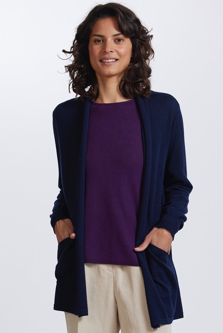 Royal Merino - 100% Merino Open Front Long Cardigan (RM2455) Light Navy.