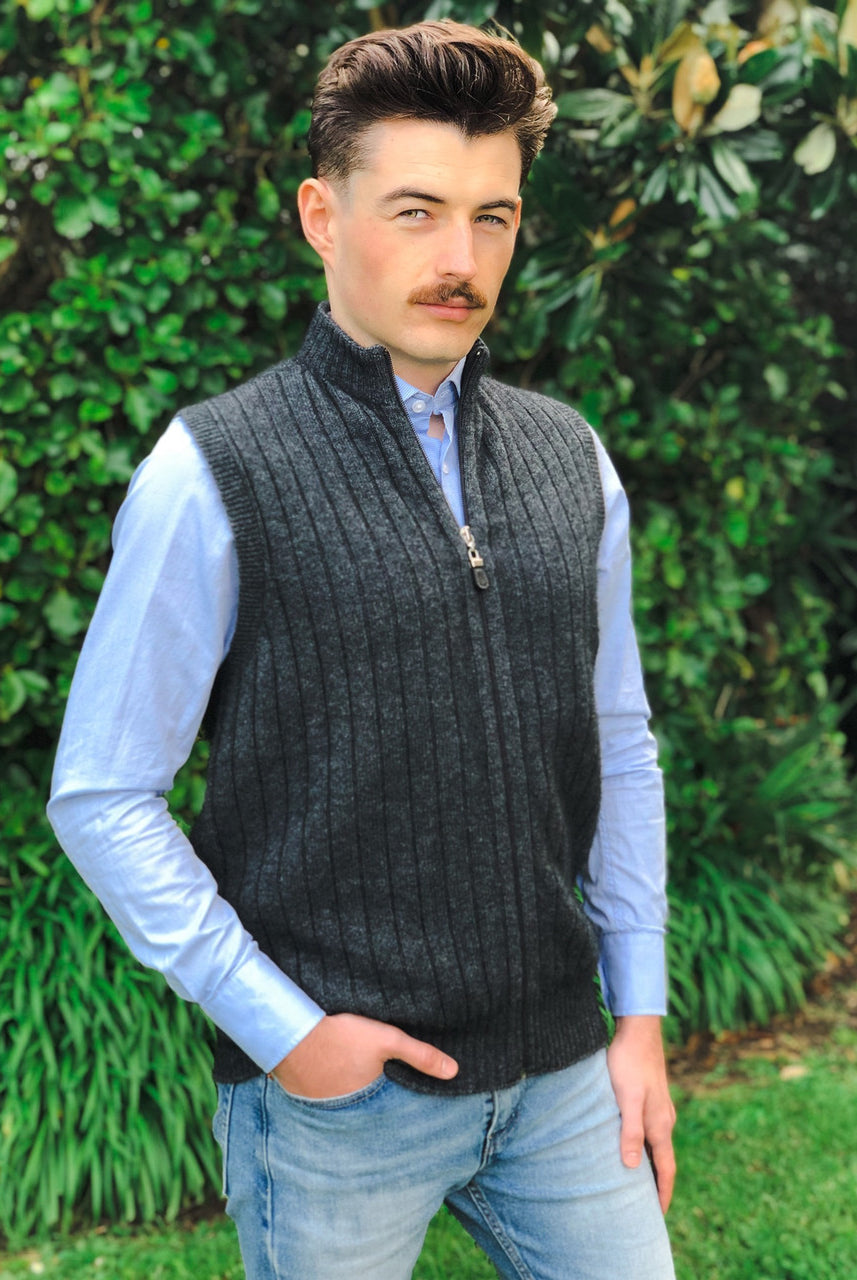 Lothlorian - Merino & Possum Men's Rib Zip Vest (9823)Charcoal