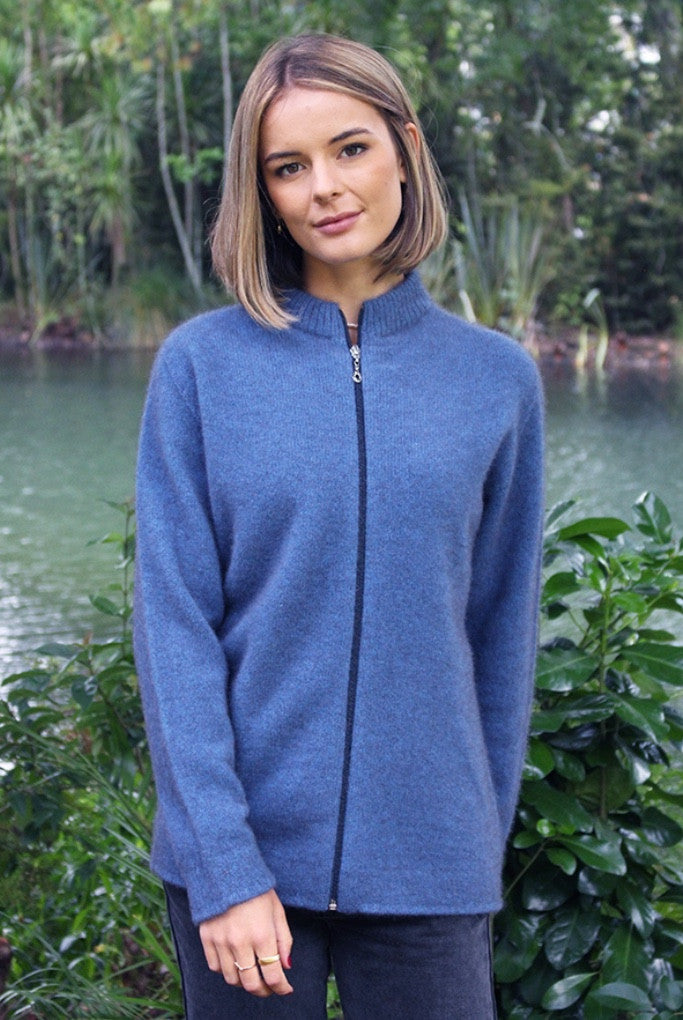 Lothlorian - Merino & Possum Plain Zip Cardigan (9963P) Light Blue