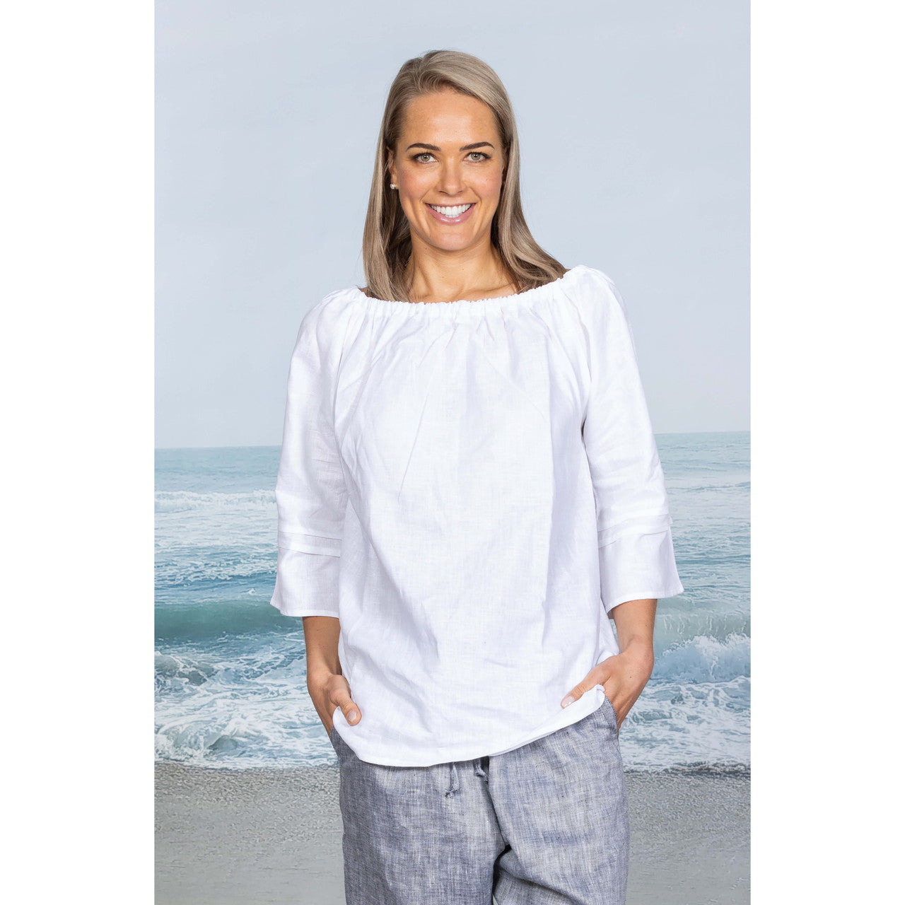 Linen Gathered Boat Neck Top (NWL3000)