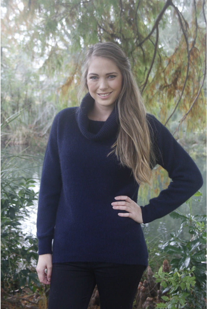 Lothlorian Merino - Possum Curved Hem Cowl Neck Jumper (9843)Midnight