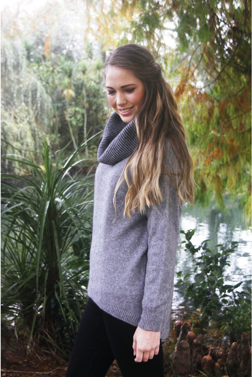 Lothlorian Merino - Possum Curved Hem Cowl Neck Jumper (9843)Silver