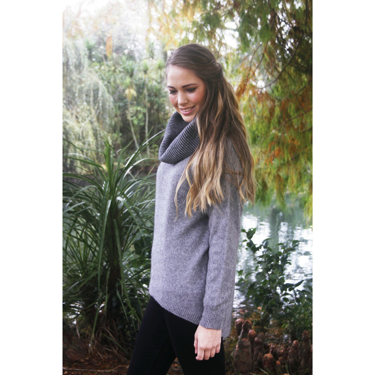 Lothlorian Merino - Possum Curved Hem Cowl Neck Jumper (9843)Silver