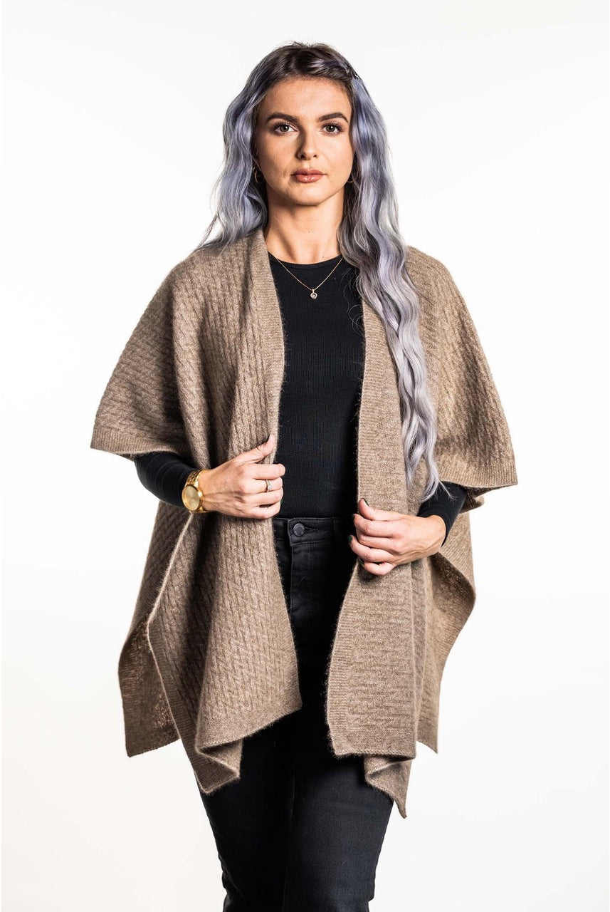 Koru - Merino and Possum Zig Zag Textured Cape (KO553) Mocha