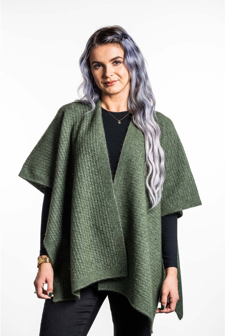 Koru - Merino and Possum Zig Zag Textured Cape (KO553) Moss