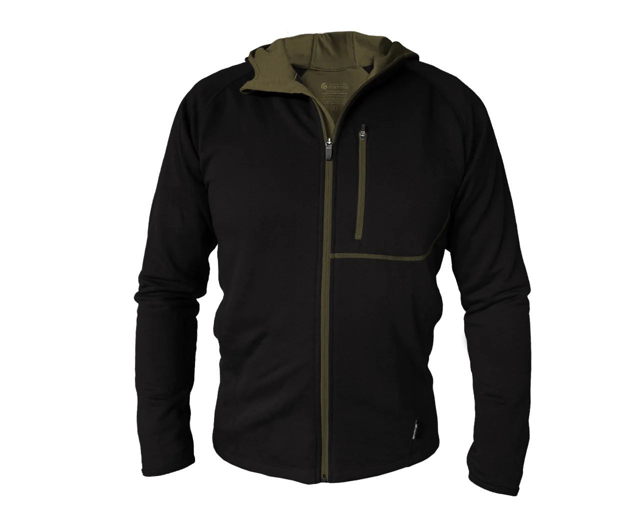Tussock Ridge - Merino - Tencel Mens Full Zip Jacket with Hood Black/Army