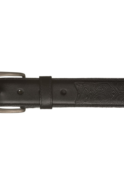 Kiwi Country embossed spear leather belt in black leather colour.