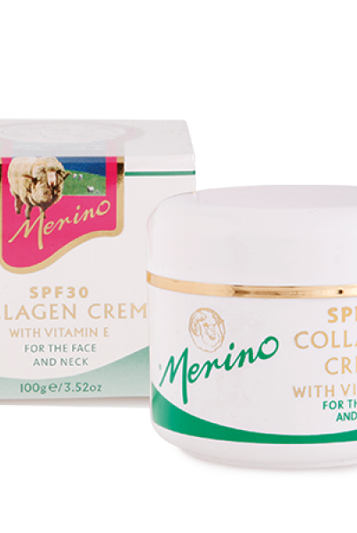 Merino Lanolin and Collagen SPF30 Crème with branding next too packaging box.