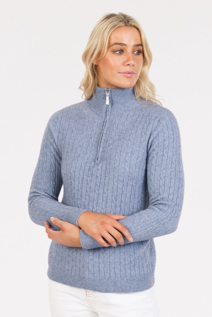 Native World - Merino and Possum Cable Half Zip Sweater (NB900) Crystal