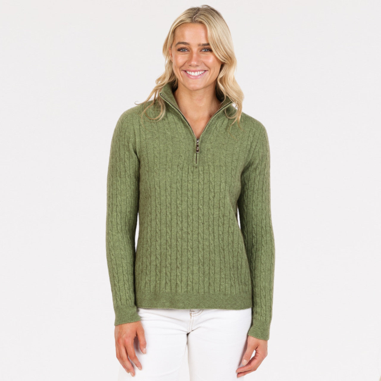 Native World - Merino and Possum Cable Half Zip Sweater (NB900) Pistachio
