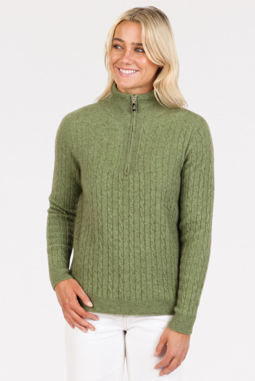 Native World - Merino and Possum Cable Half Zip Sweater (NB900) Pistachio