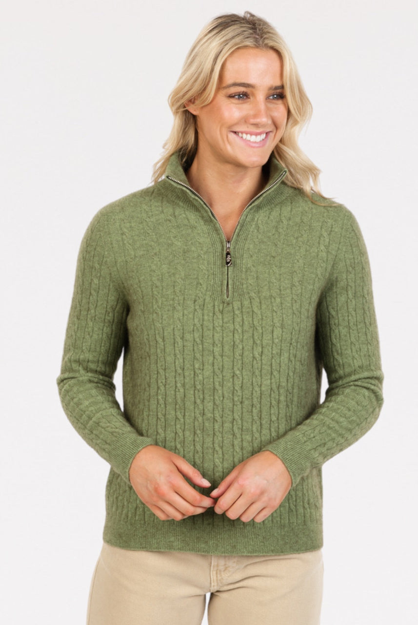 Native World - Merino and Possum Cable Half Zip Sweater (NB900) Pistachio