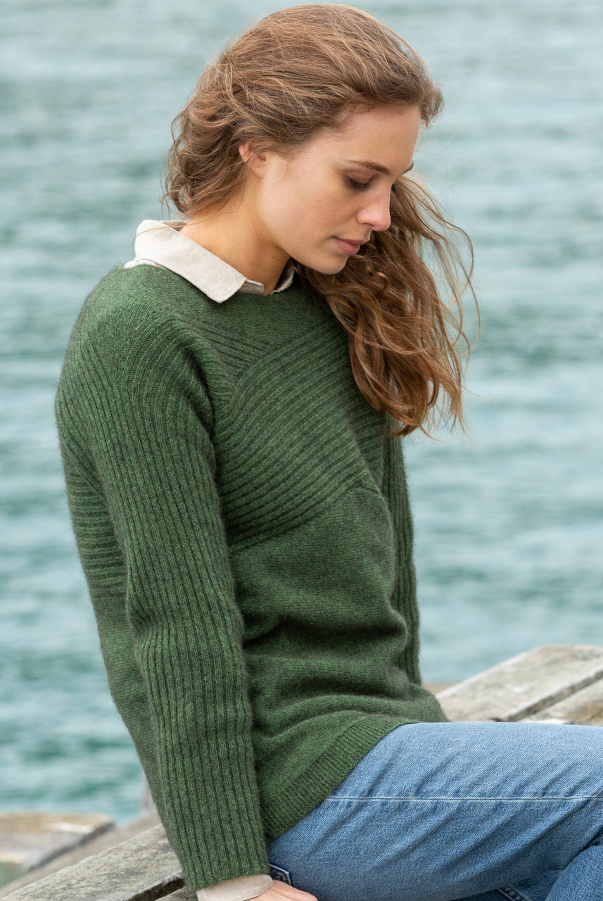Woman wearing Noble Wilde - Merino & Possum Crossover Sweater (NW3108) in the colour Jungle
