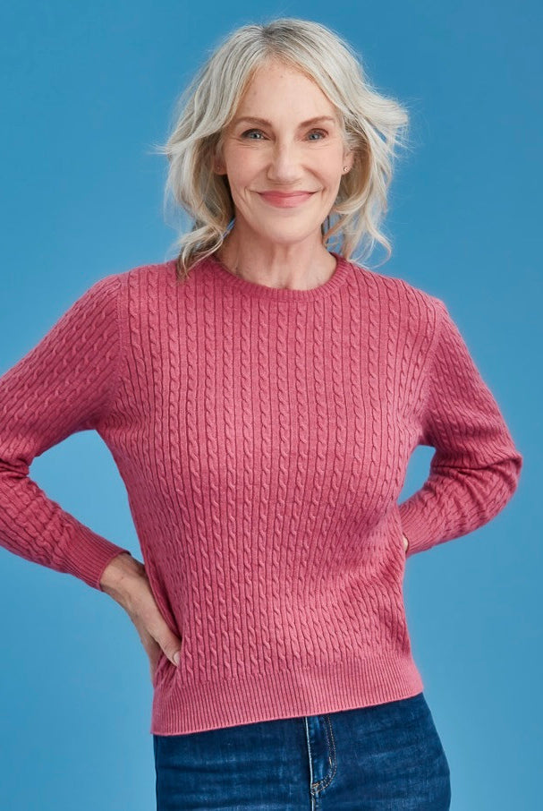 Royal Merino - 100% Merino Rib and Cable Crew (RM2057) Azalea.