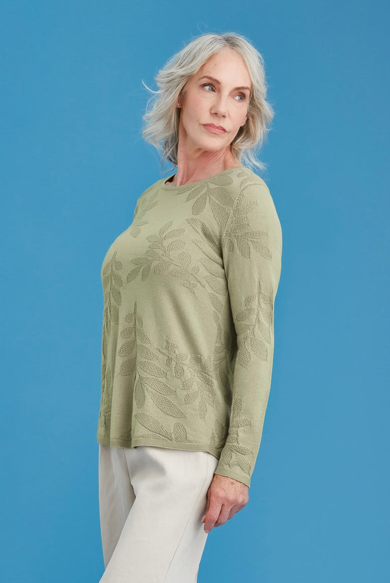 Woman wearing Royal Merino - Flora Stitch Sweater (RM3033) in the colour Citron