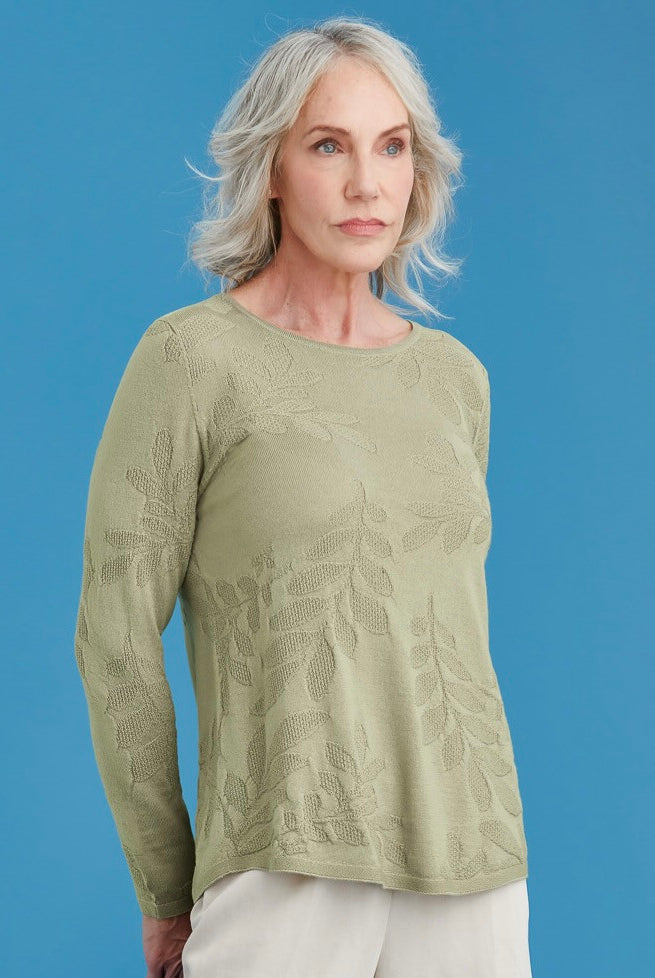Woman wearing Royal Merino - Flora Stitch Sweater (RM3033) in the colour Citron