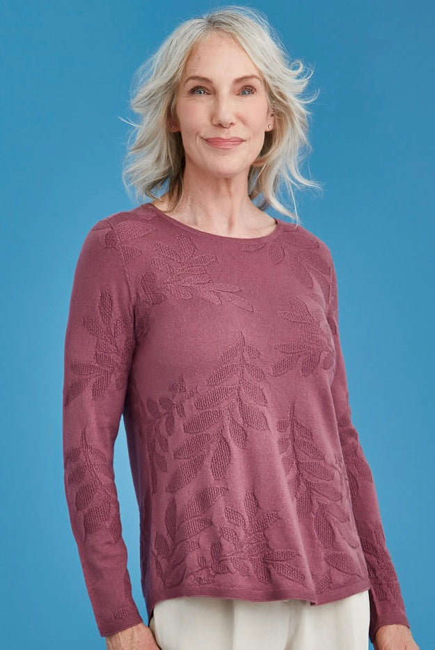 Woman wearing Royal Merino - Flora Stitch Sweater (RM3033) in the colour Mauve