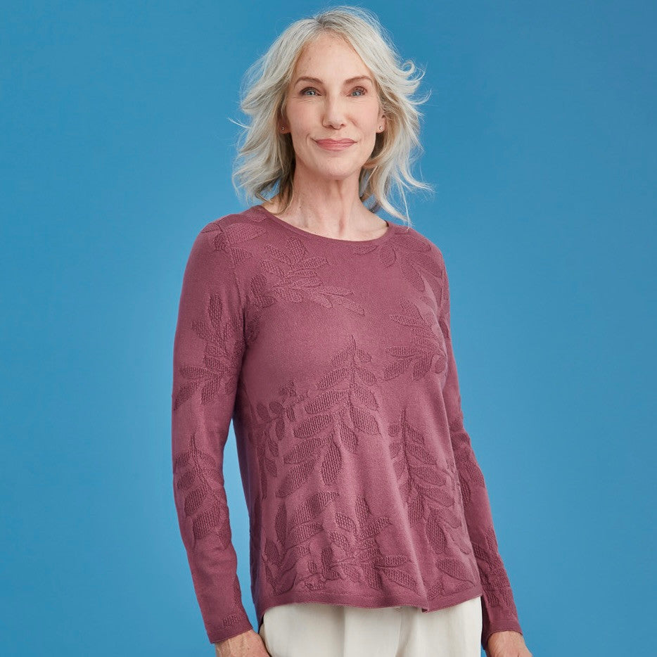 Woman wearing Royal Merino - Flora Stitch Sweater (RM3033) in the colour Mauve