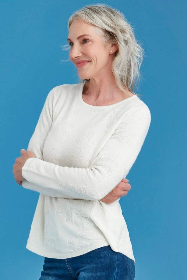 Woman wearing Royal Merino - Flora Stitch Sweater (RM3033) in the colour Natural
