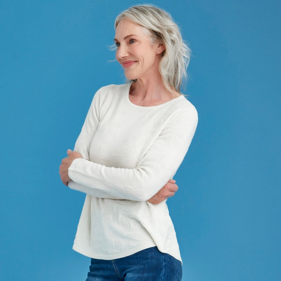 Woman wearing Royal Merino - Flora Stitch Sweater (RM3033) in the colour Natural