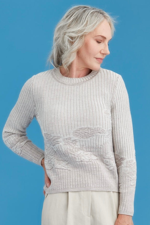 Woman wearing Royal Merino - Flourish Jumper (RM3037) in the colour Light Sand/Natural