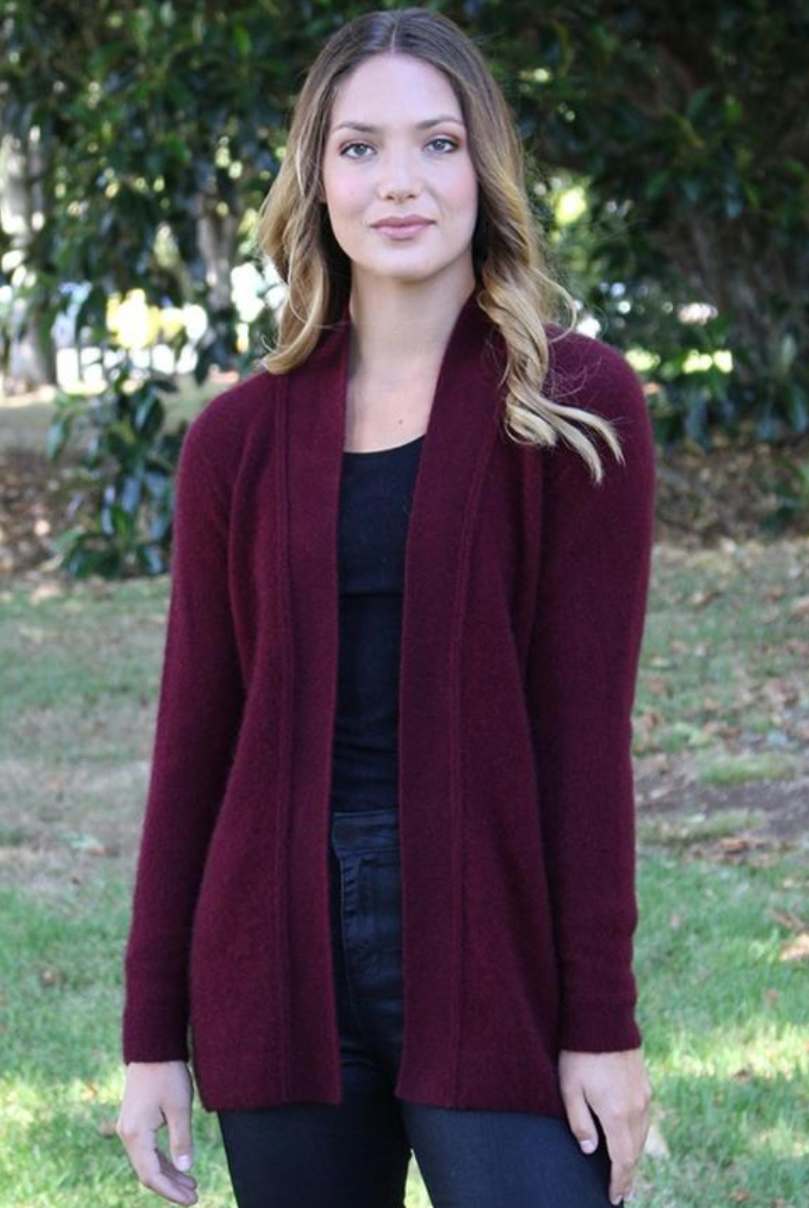 Woman wearing Pinot colour jacket