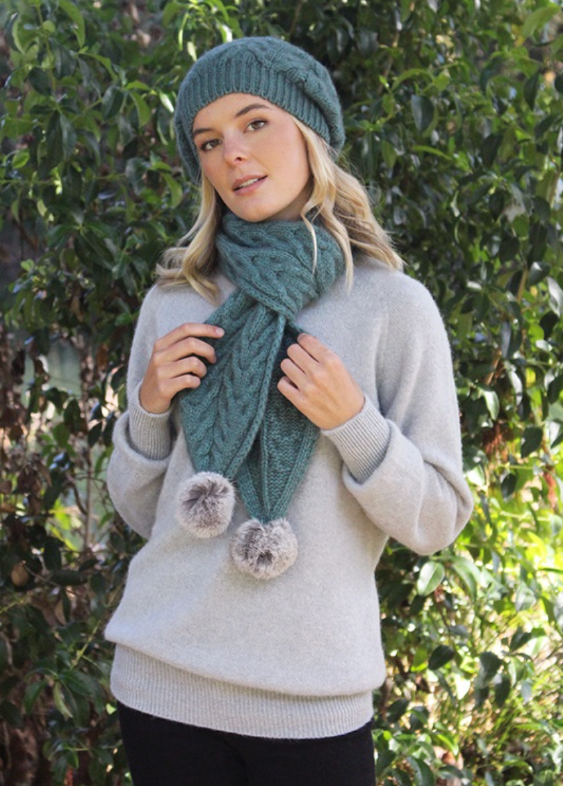 Sage-Lothlorian - Cable Scarf with Rabbit Fur Pompoms (9873)