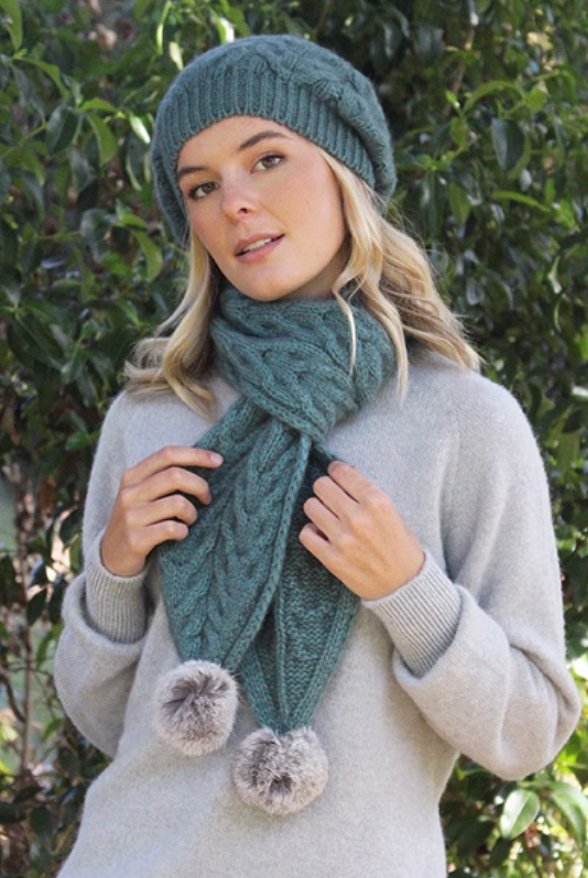 Sage - Cable Beanie with Rabbit Fur Pompom (9872)