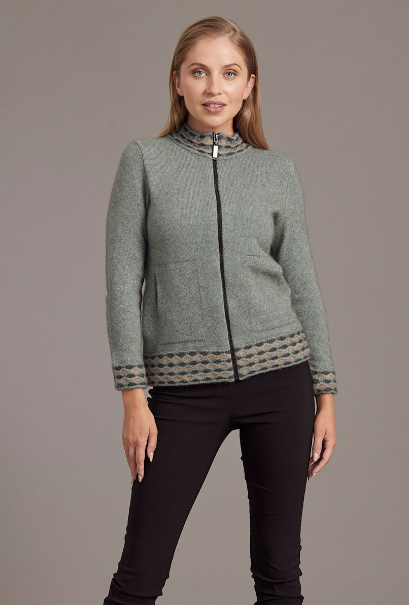 McDonald - Possum & Merino Wave trim Zip Cardigan-Mint