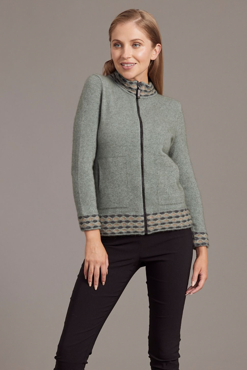 McDonald - Possum & Merino Wave trim Zip Cardigan-Mint