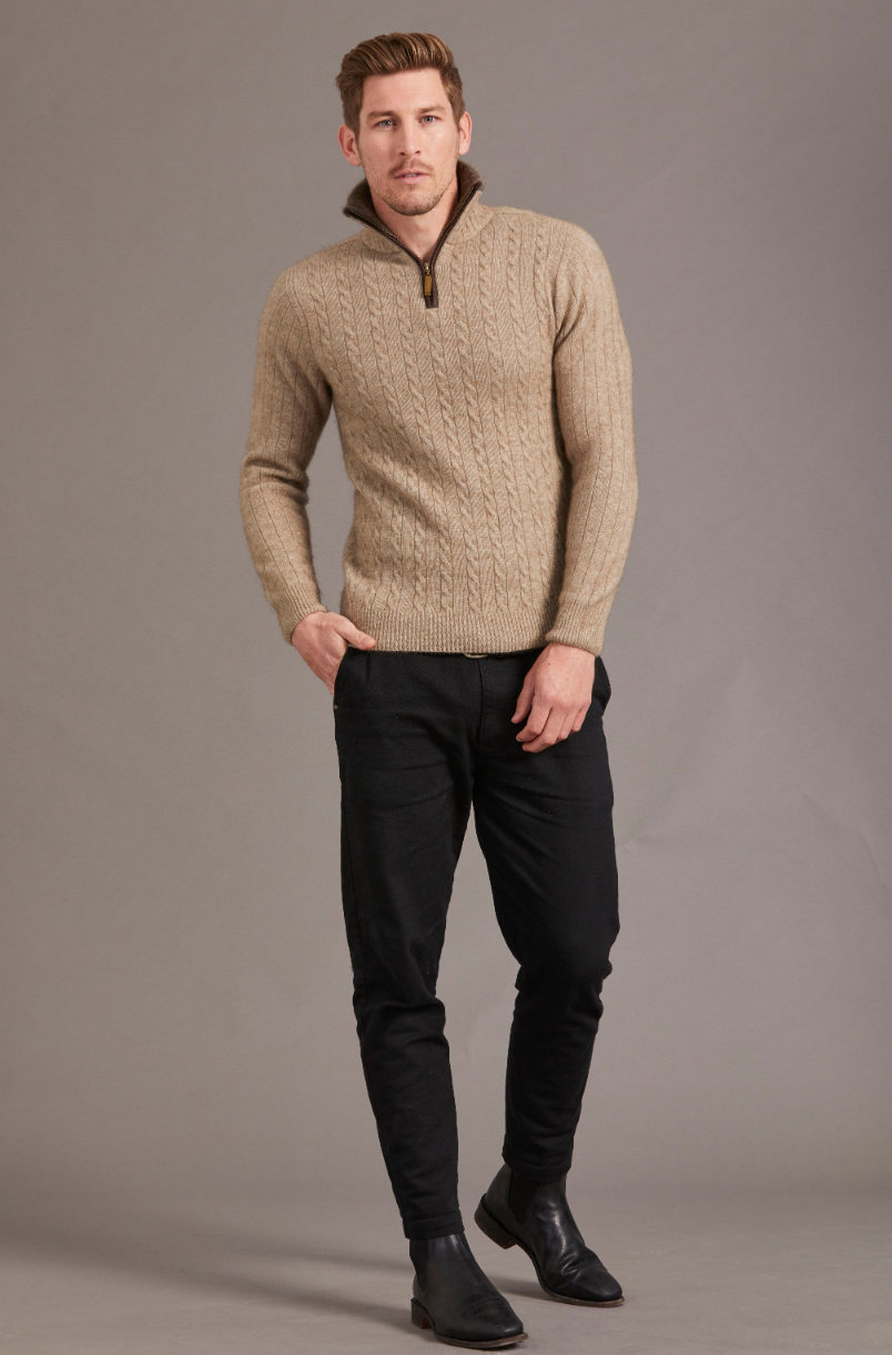McDonald - Possum & Merino Cable Jersey with Contrast Trim-Mocha
