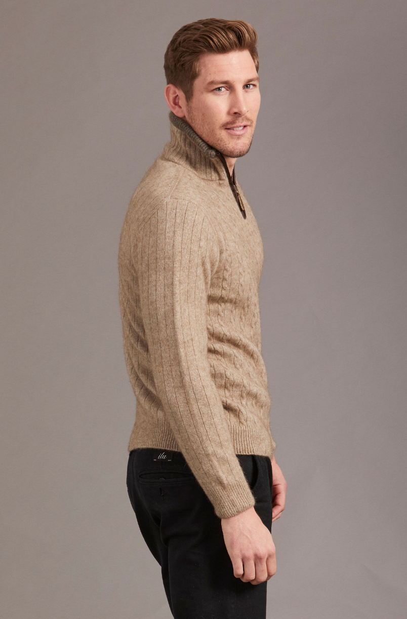 McDonald - Possum & Merino Cable Jersey with Contrast Trim-Mocha