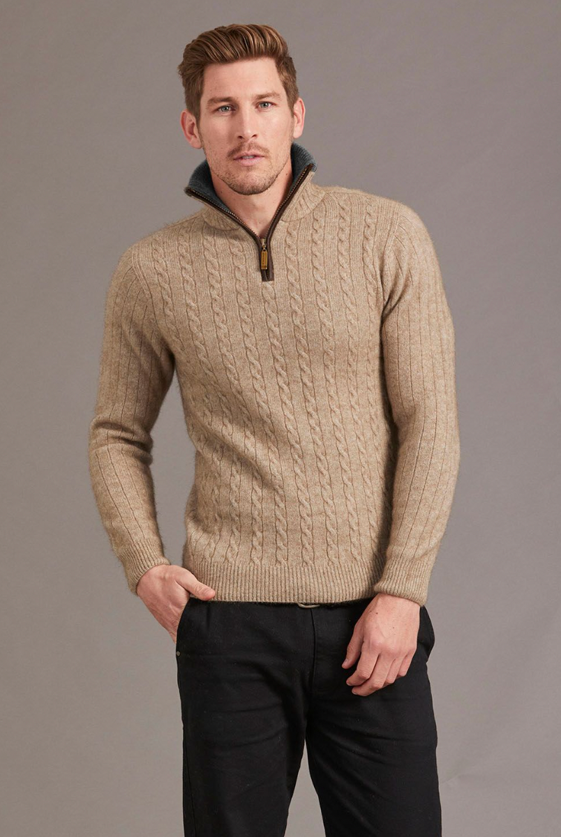 McDonald - Possum & Merino Cable Jersey with Contrast Trim-Mocha