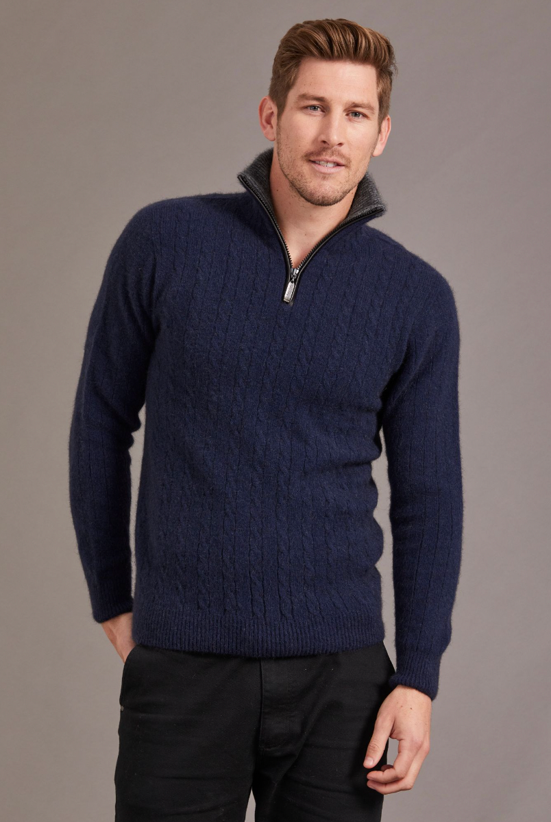 McDonald - Possum & Merino Cable Jersey with Contrast Trim-Navy