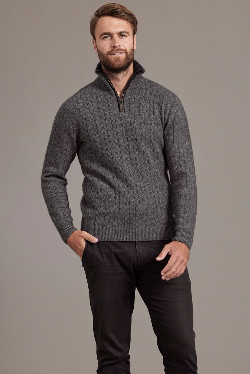 McDonald - Possum & Merino Cable Jersey with Contrast Trim-Charcoal
