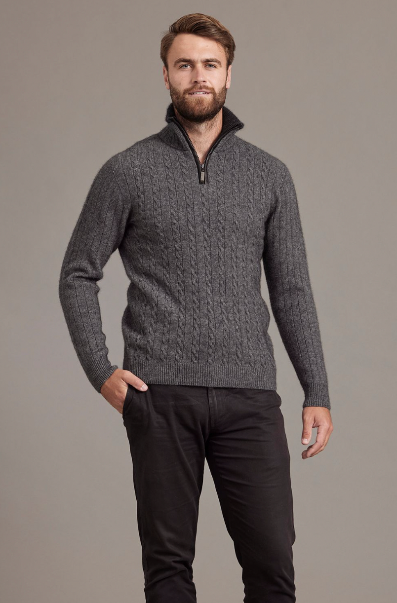 McDonald - Possum & Merino Cable Jersey with Contrast Trim-Charcoal