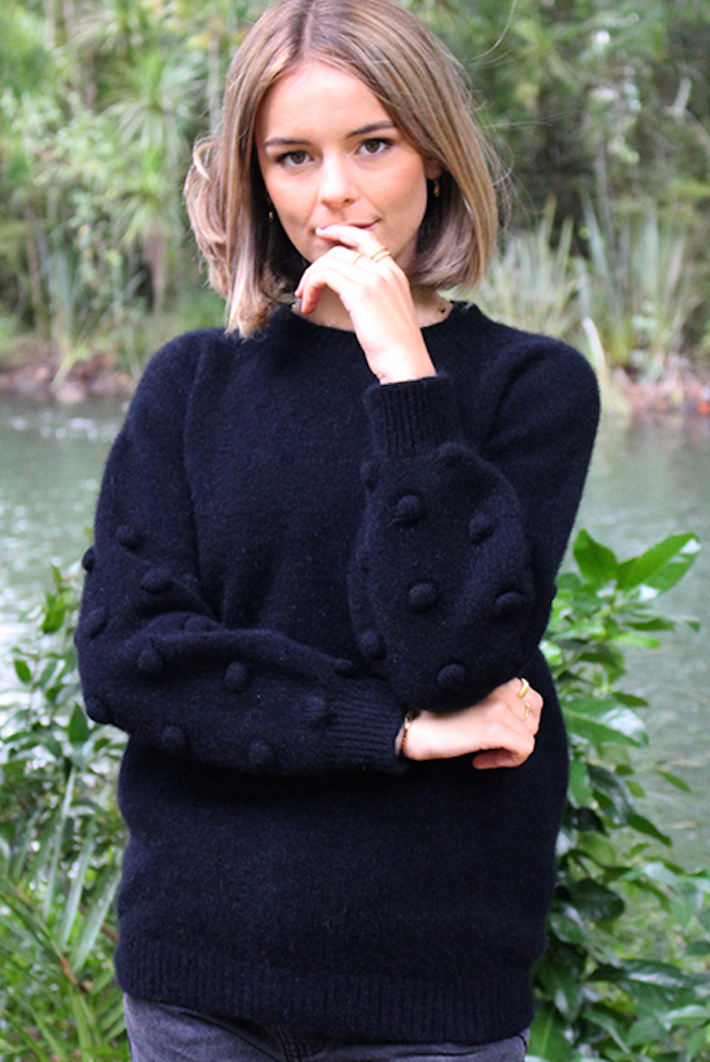 Lothlorian - Merino & Possum Bobble Sleeve Jumpe-Black