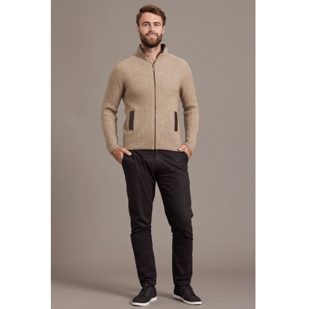 McDonald-Possum & Merino Rib Zip Jacket with Leather Trim (6610/)Mocha