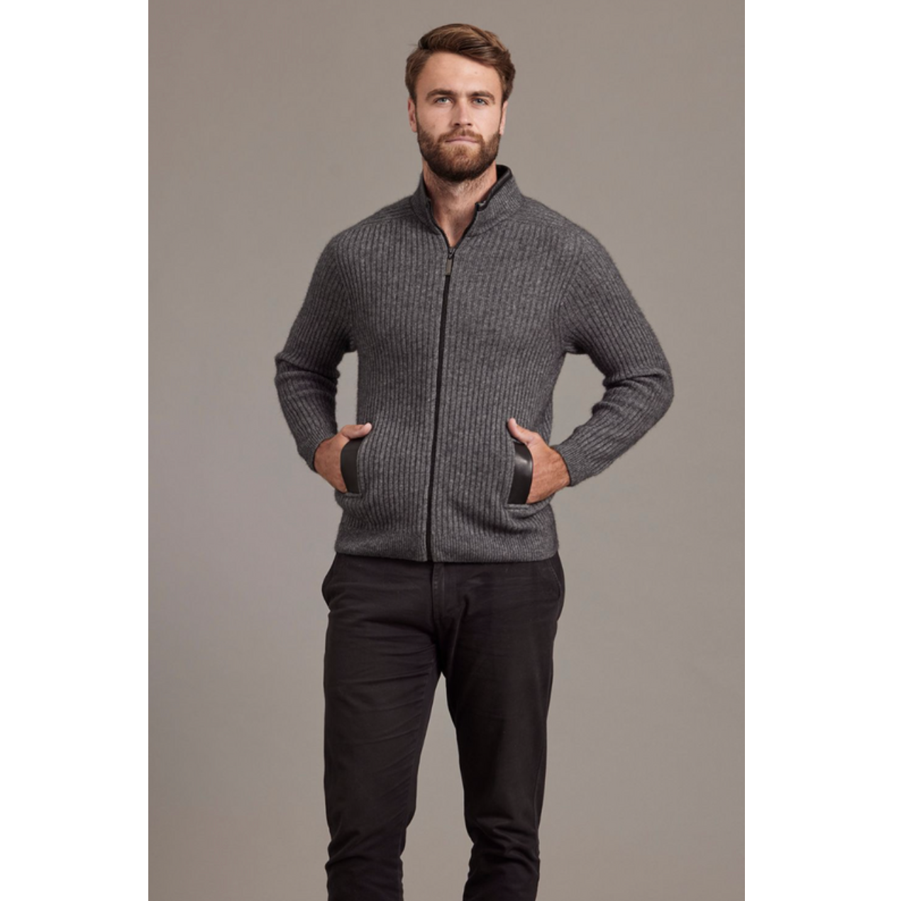 McDonald-Possum & Merino Rib Zip Jacket with Leather Trim (6610)Pewter