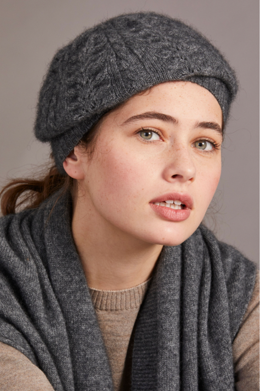 Merino & Possum Cable Beret in colour Pewter