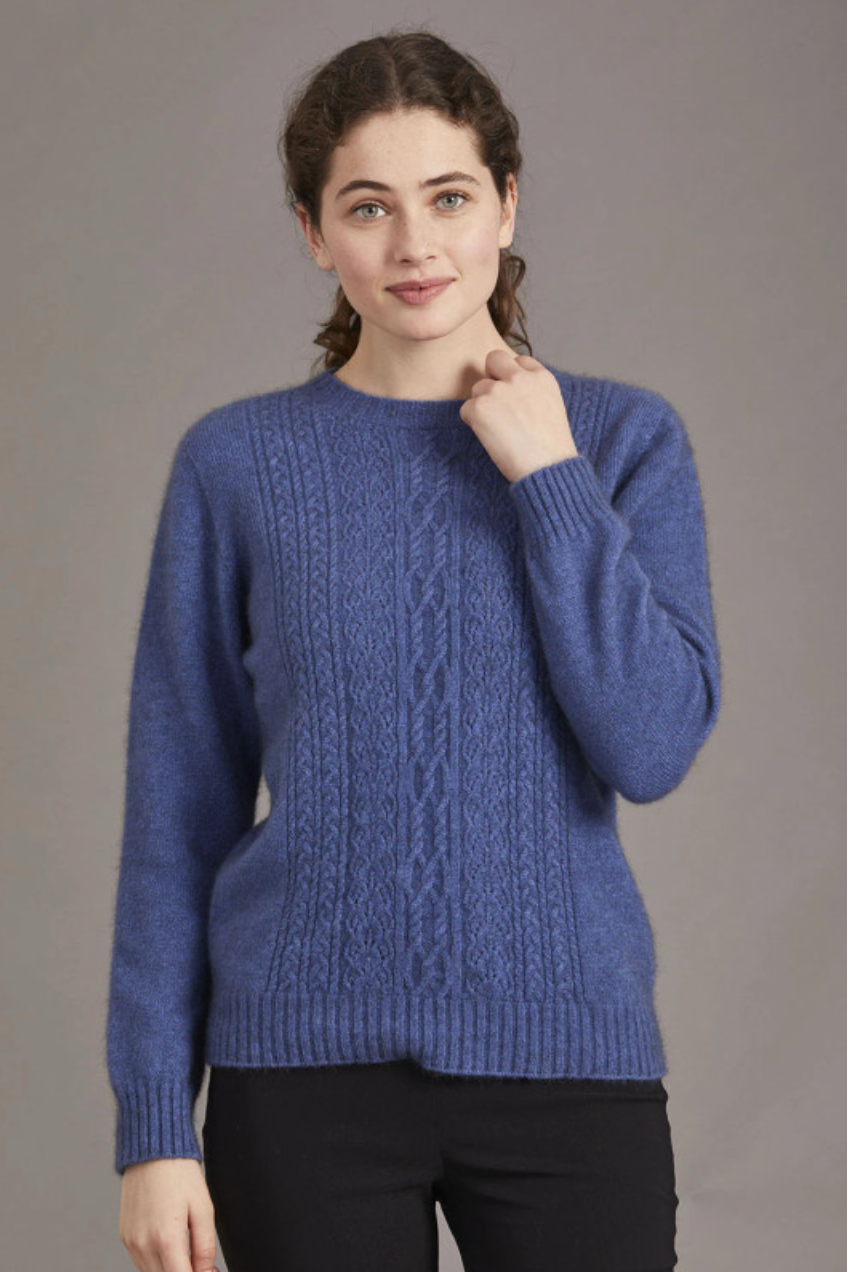 Possum and merino crew neck jersey with lace detail. Orchid