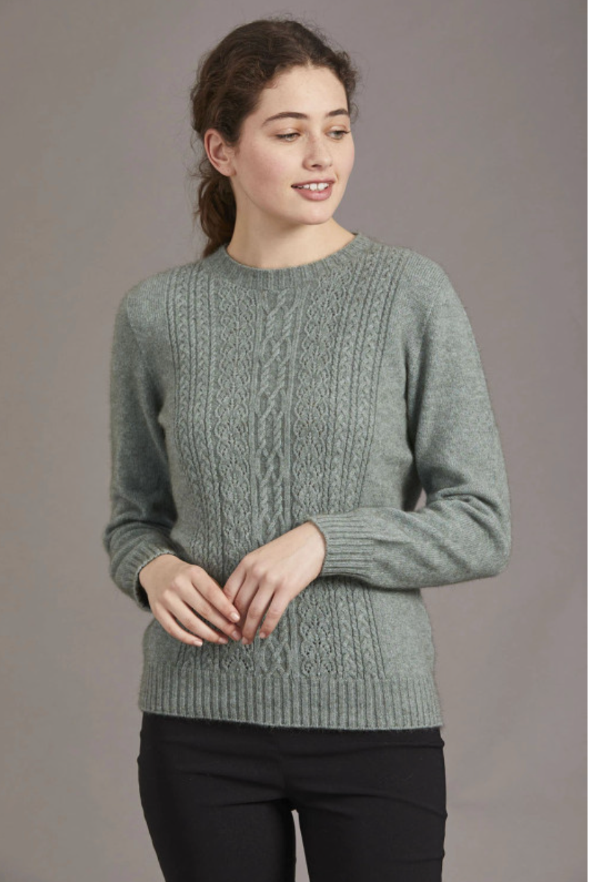 Possum and merino crew neck jersey with lace detail. Mint