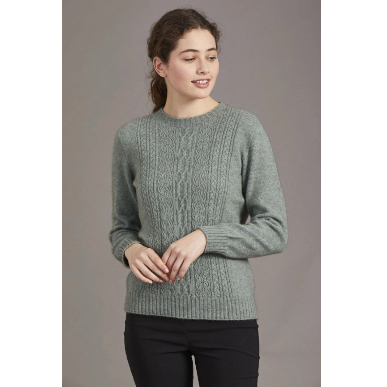 Possum and merino crew neck jersey with lace detail. Mint