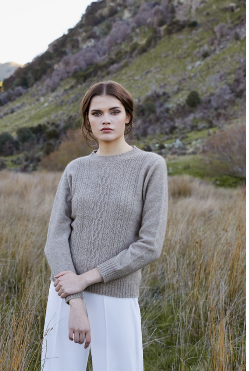 Possum and merino crew neck jersey with lace detail. Mocha