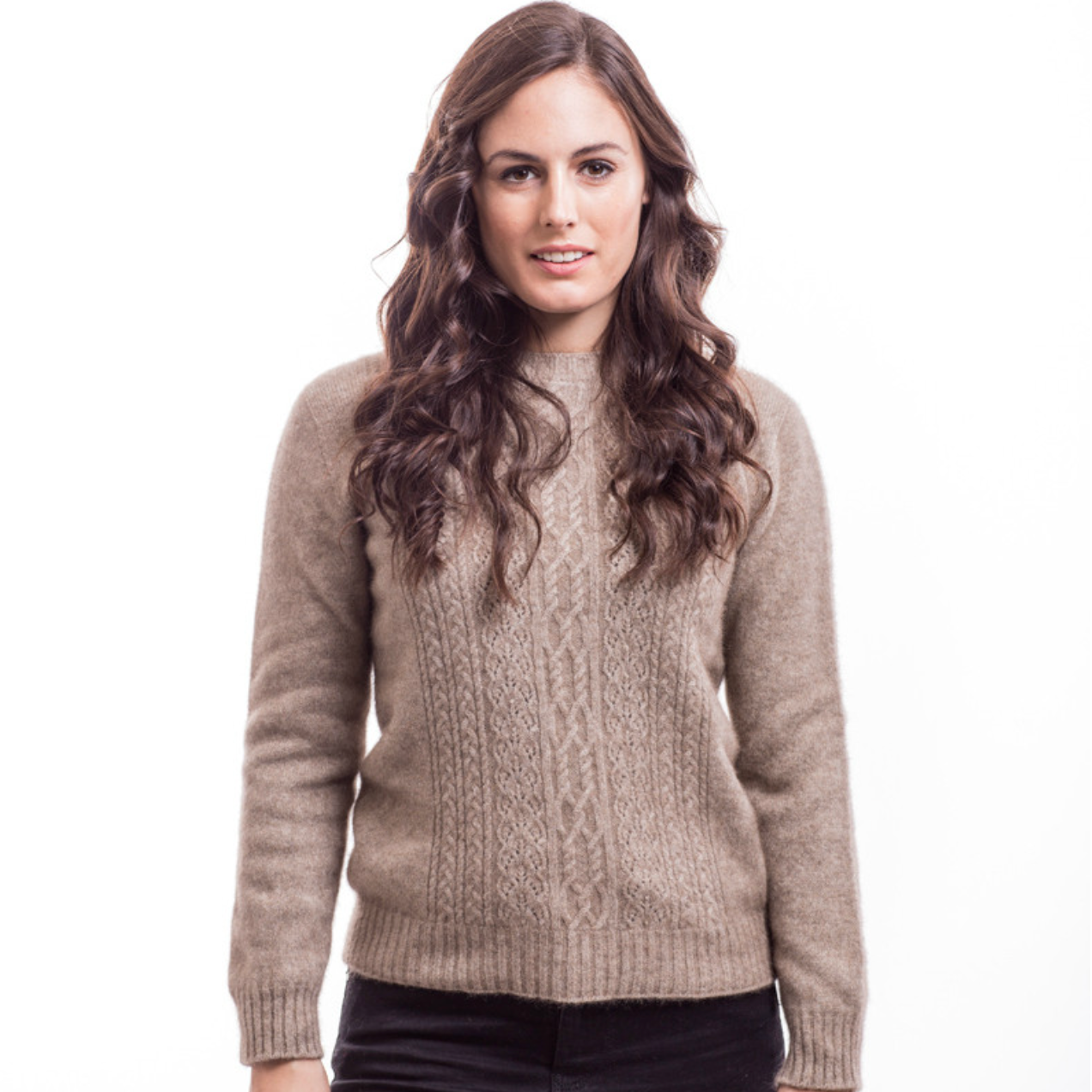 Possum and merino crew neck jersey with lace detail. Mocha
