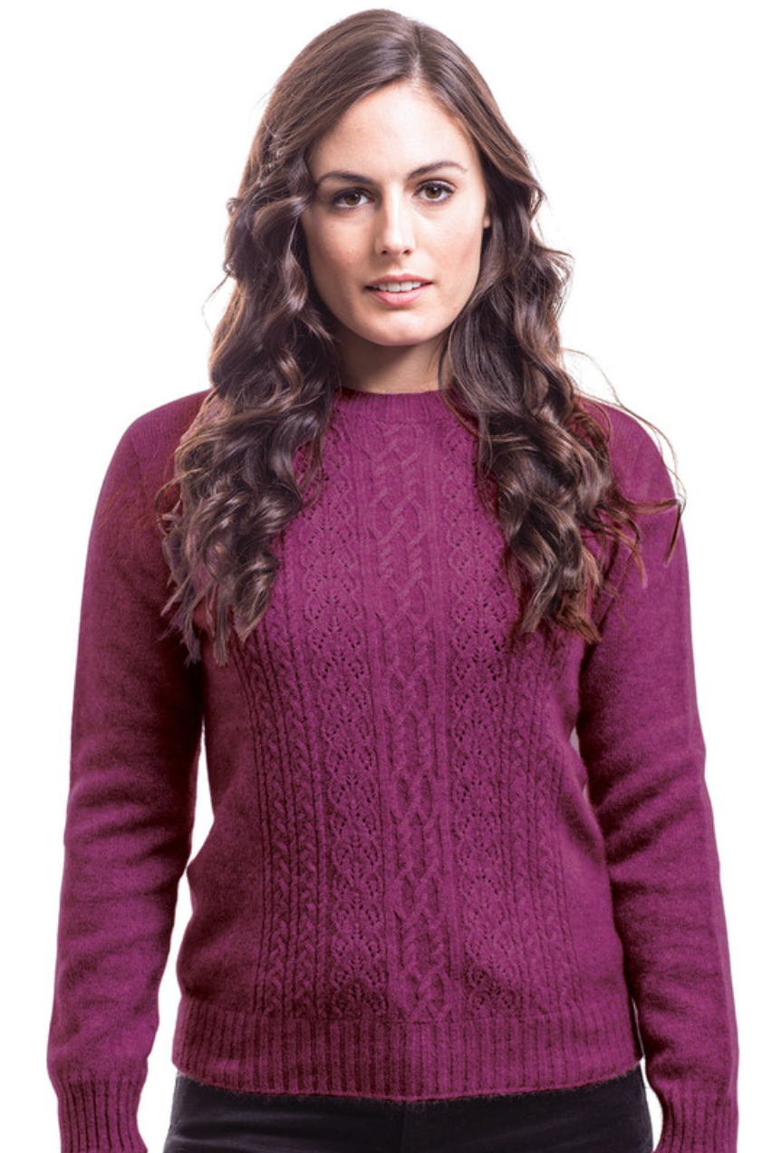 Possum and merino crew neck jersey with lace detail. Berry