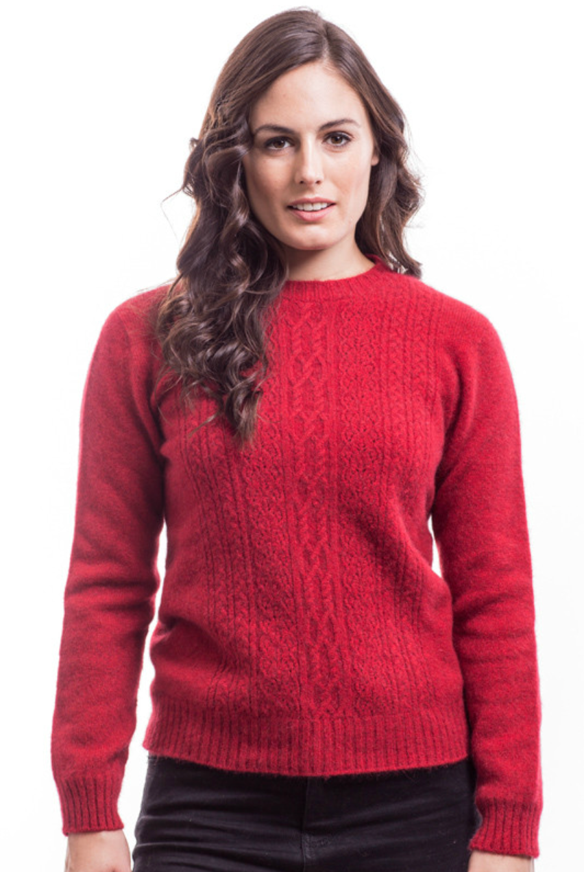 Possum and merino crew neck jersey with lace detail. Red
